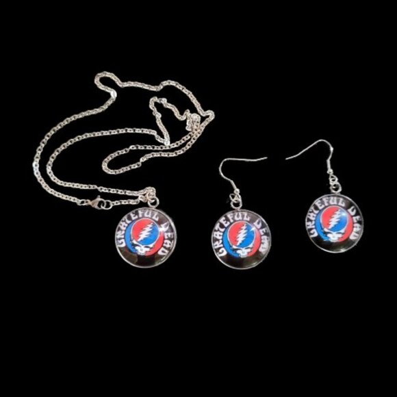 Grateful Dead Steal Your Face Necklace-Earring Set Glass Photo Cabochon Pendants - Picture 9 of 9